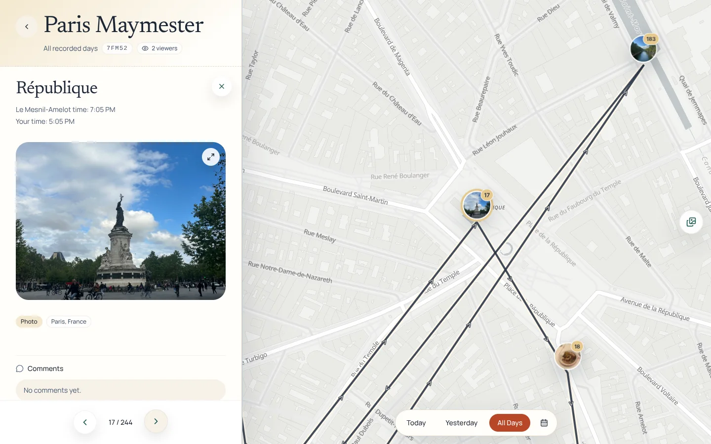 The Paris Maymester trip in Crumbs: a photo of Place de la République beside the map, where the trail runs between photo pins