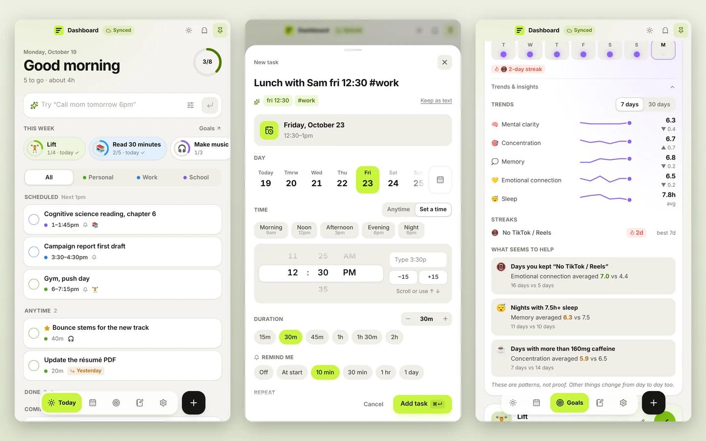 Three Dashboard windows: today’s schedule, a new task typed as “Lunch with Sam fri 12:30 #work” and read as Friday at 12:30, and trends from the daily log