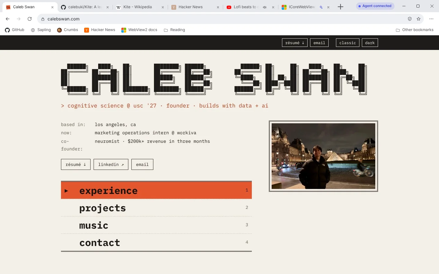 Kite showing calebswan.com, with tabs in the title bar, a bookmarks bar, and a pill saying an AI agent is connected